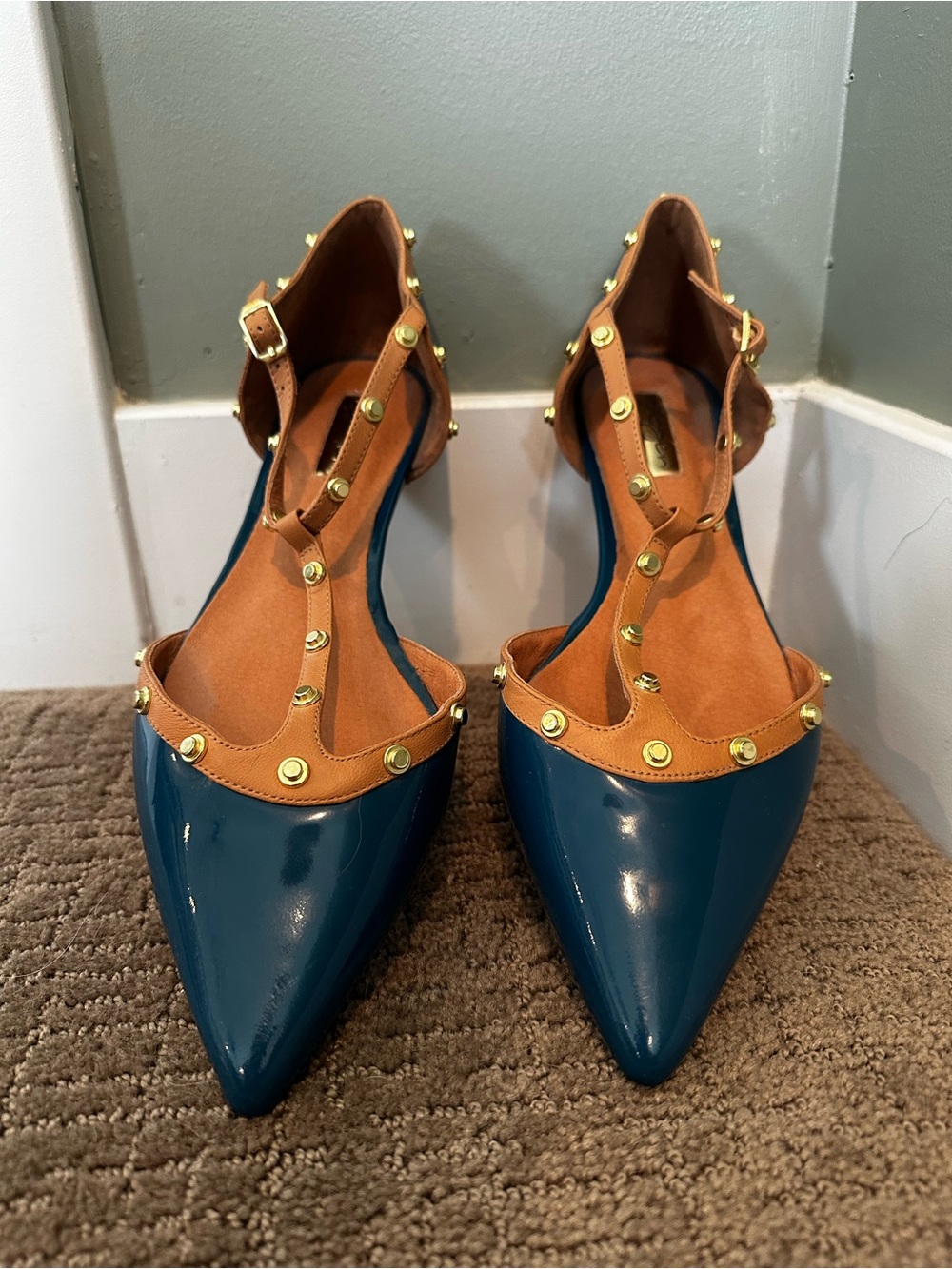 Halogen Blue Patent Pointed T-Strap Flats with Tan Trim